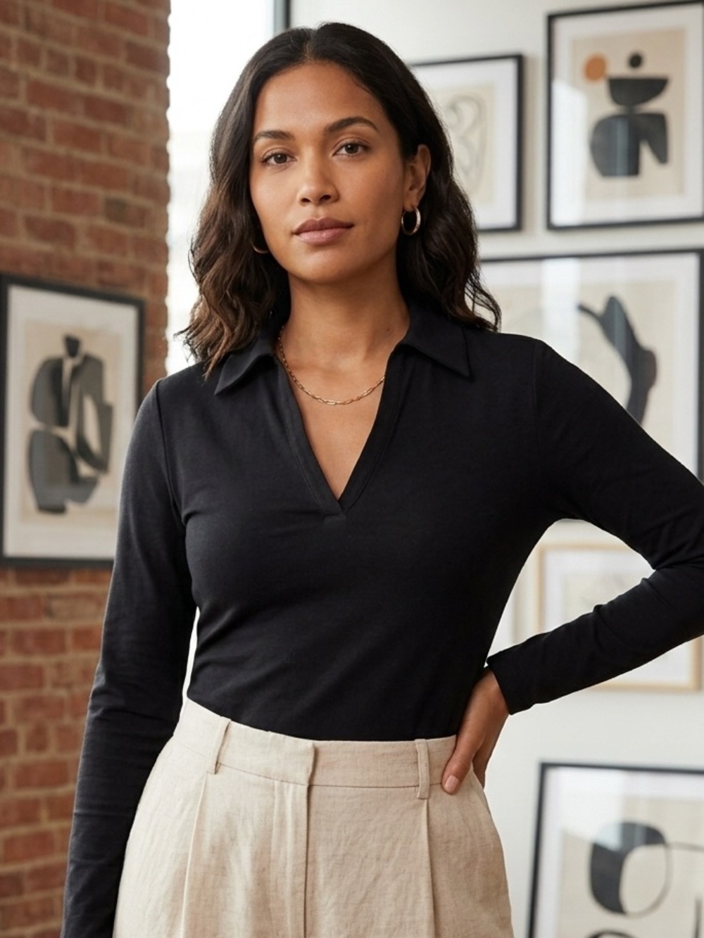 Banana Republic Black Long-Sleeve Polo V-Neck Soft Stretch Tee Classic